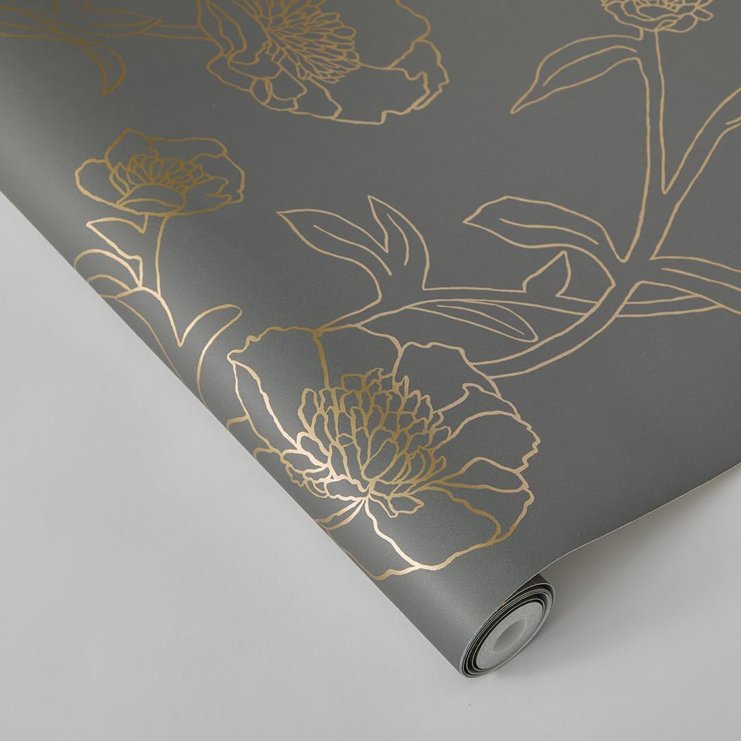 Tempaper Noir & Metallic Gold Peonies Removable Peel and Stick Floral Wallpaper, 20.5 in X 16.5 ft, Made in The USA