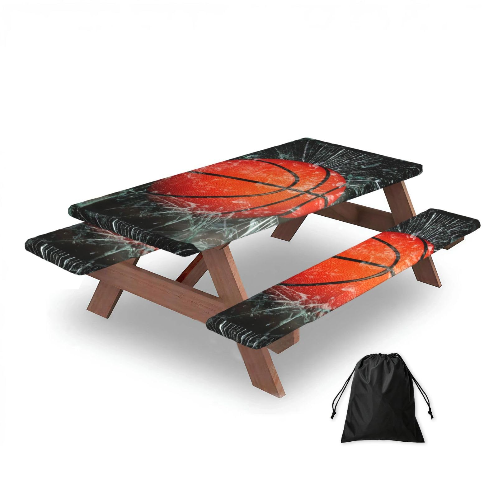 Basketball Glass Breaking Window, Picnic Table Cover With Bench Covers -Waterproof Elastic Fitted Tablecloth for Garden Camping Patio 76x152cm