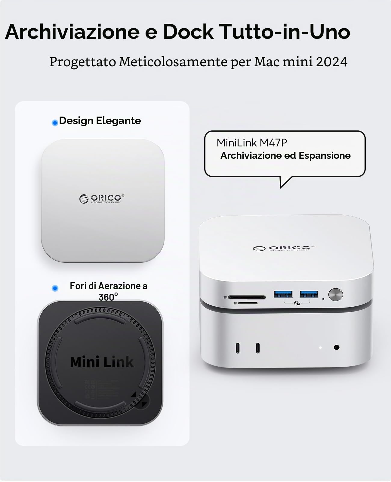 ORICO 40Gbps MiniLink M47P Hub Compatibile con Mac Mini M4, USB C Dock in Alluminio con Doppio Alloggiamento SSD per M.2 NVMe, fino a 3000MB/s, 3 USB 3.2, SD/TF 4.0