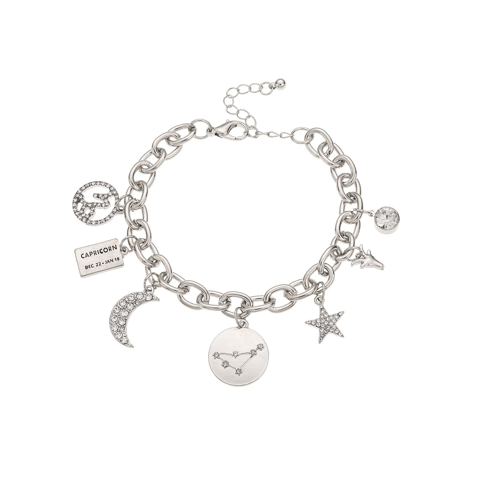 Madison Tyler Personalization Collection Gold Plated Zodiac Constellation Symbol, Name Plate, Moon, Constellation, Star, and Stone Charm Chain Bracelet for Women