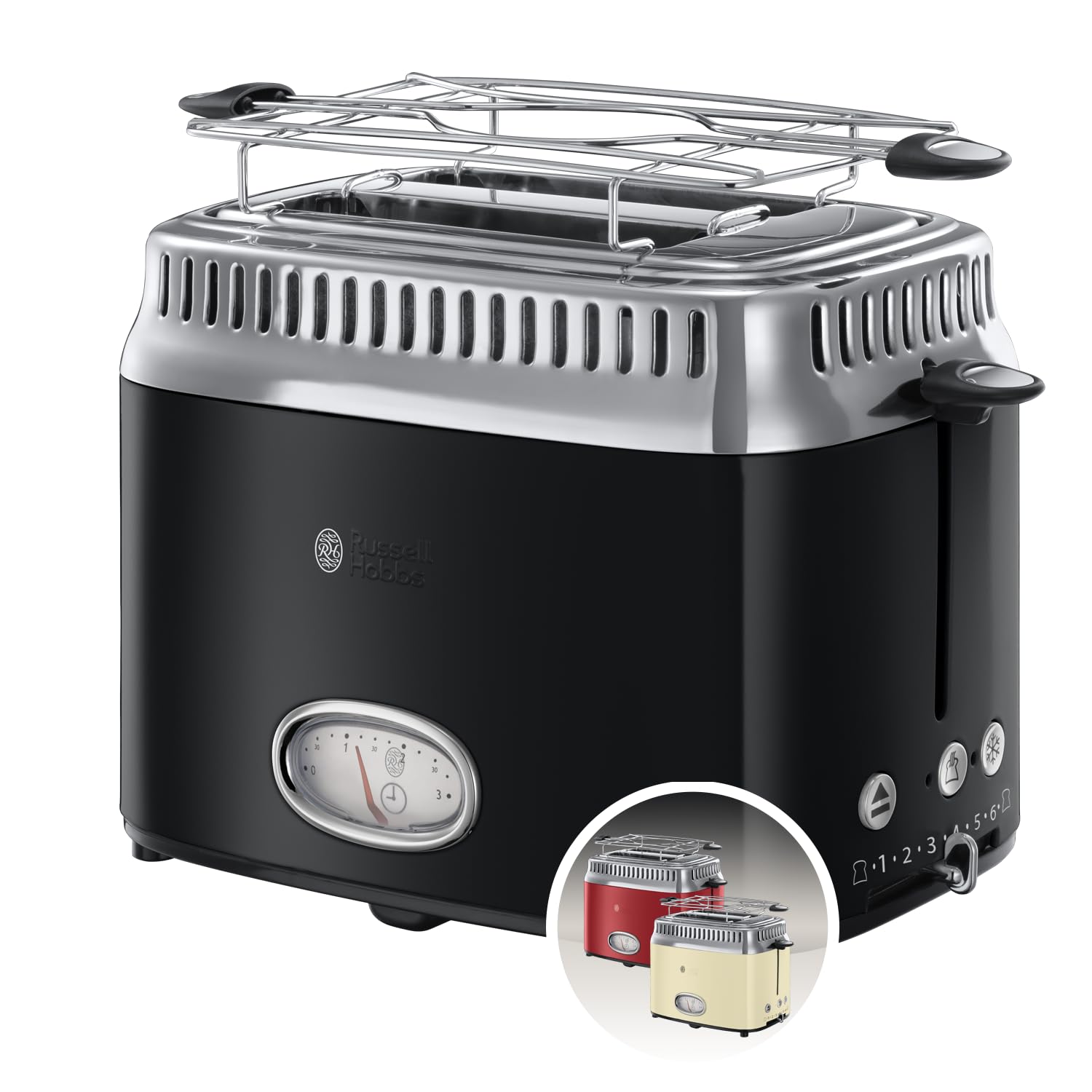 Russell Hobbs Toaster [für 2 Scheiben] Retro Edelstahl Schwarz (Countdown-Anzeige im Retrodesign, inkl. Brötchenaufsatz, 6 Bräunungsstufen + Auftau- & Aufwärmfunktion, 1300W) Vintage 21681-56