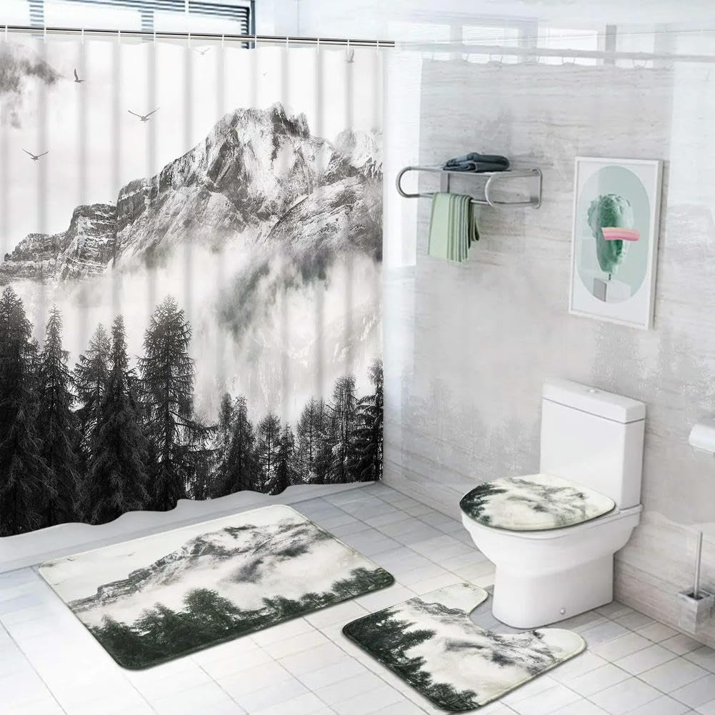 DDSDUDES 4-teiliges Duschvorhang-Set Mit Wald-Wasserfall-Muster - Wasserdicht Inkl. Matten & Haken Fürs Badezimmer