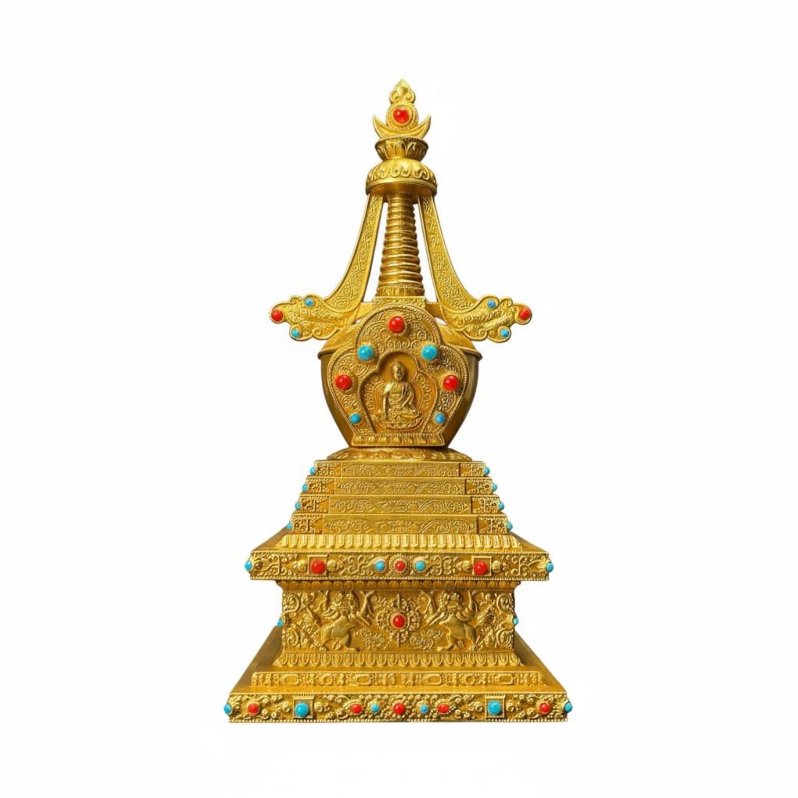 Pagoda Budista Stupa Torre Estatua Escultura de Latón con Detalle Geométrico y Incrustaciones Presencia Serena para Espacio Adecuada para Altar, 21cm 21cm 44cm, Torre Shenbian