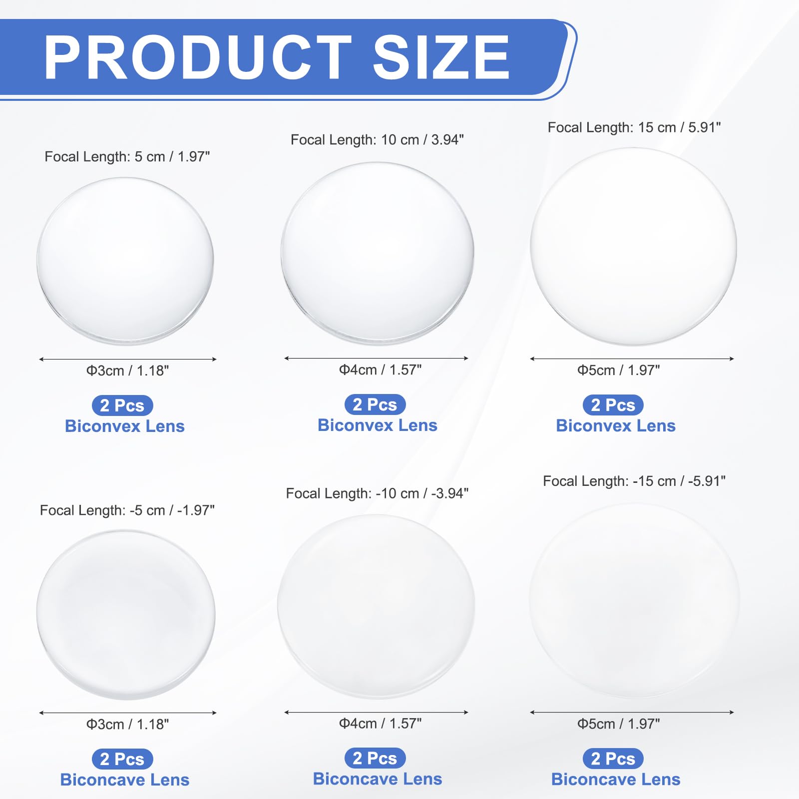 PATIKIL Lot de 12 lentilles en verre optique, lentilles biconvexes et biconcaves de 3/4/5 cm (5/10/15 cm et longueur focale -7,5/-10/-15 cm) pour l'éducation physique, science, bricolage, télescope