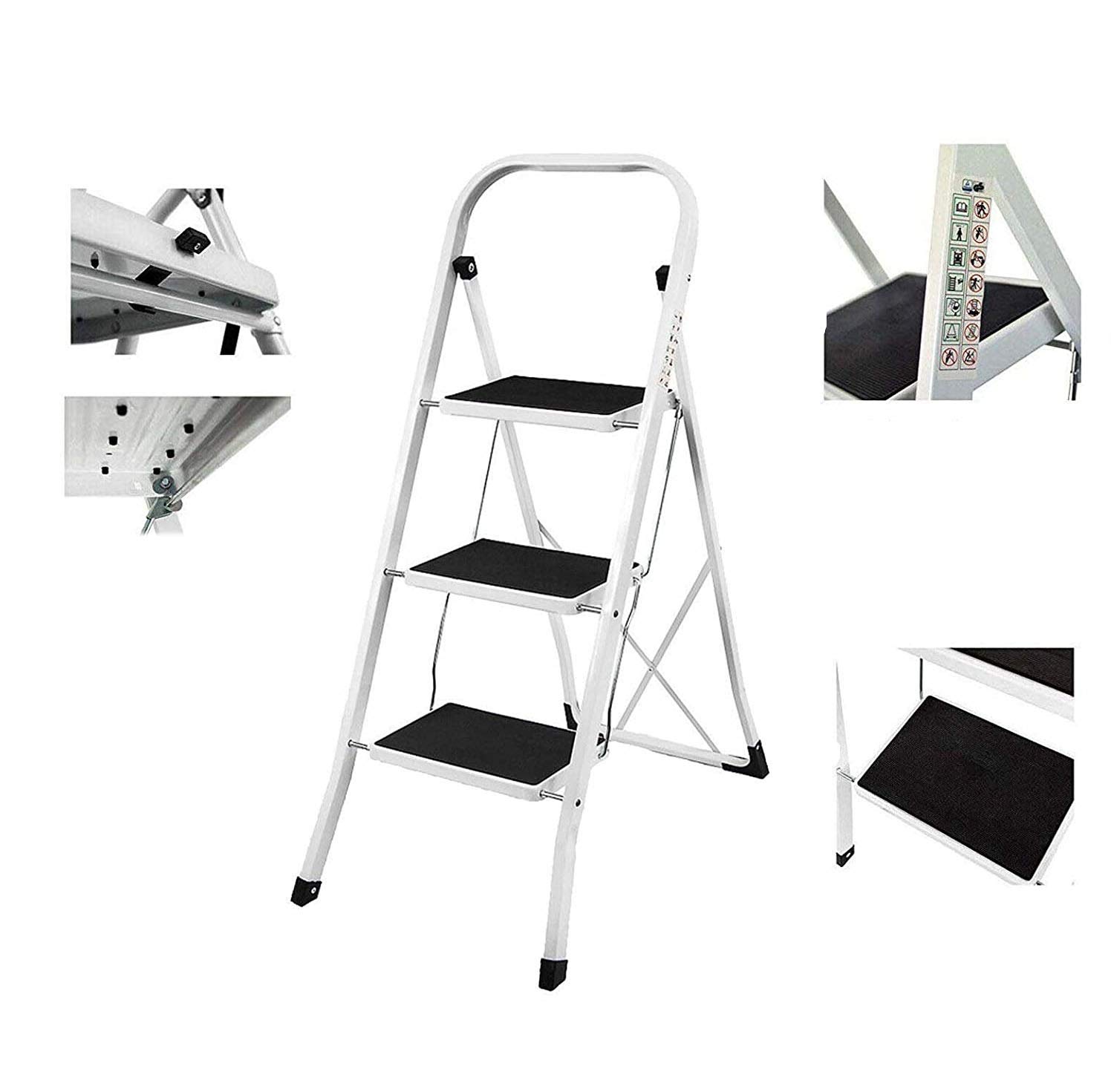 Escabeau pliable portable à 3 marches en acier haute performance avec profil en caoutchouc antidérapant – Idéal pour la cuisine dans le jardin