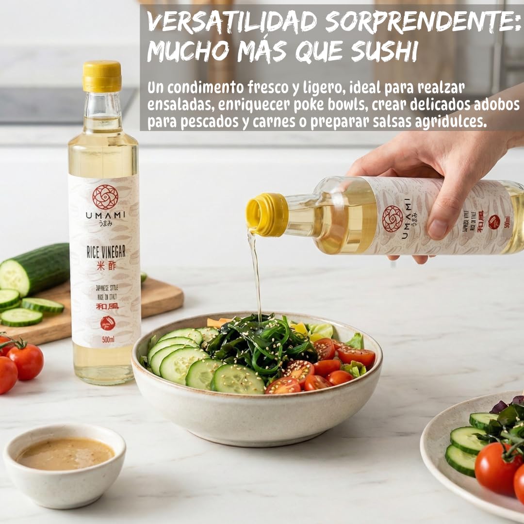 Umami Vinagre de Arroz para Sushi 500ml - Receta Auténtica Japonesa - Producido en Italia - Ideal para Arroz, Ensaladas y Marinados