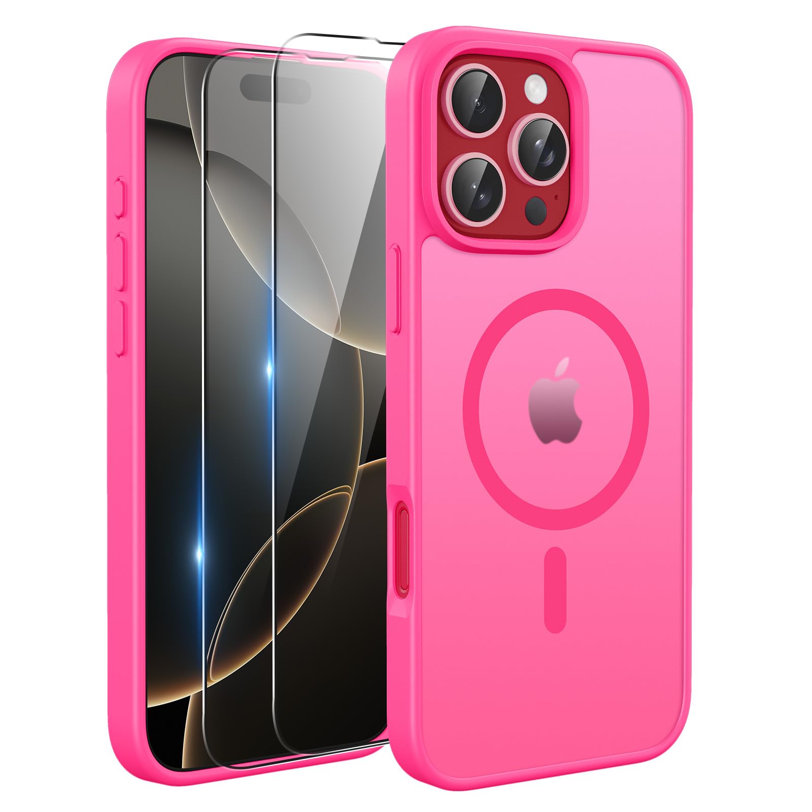 TQIAHF Magnetica Cover per iPhone 16 PRO Max con 2 Pellicola Vetro Temperato Protezione Schermo Compatibile con Magsafe Case Militare Antiurto Telefono Custodia per iPhone 16 PRO Max,Rosa Rossa