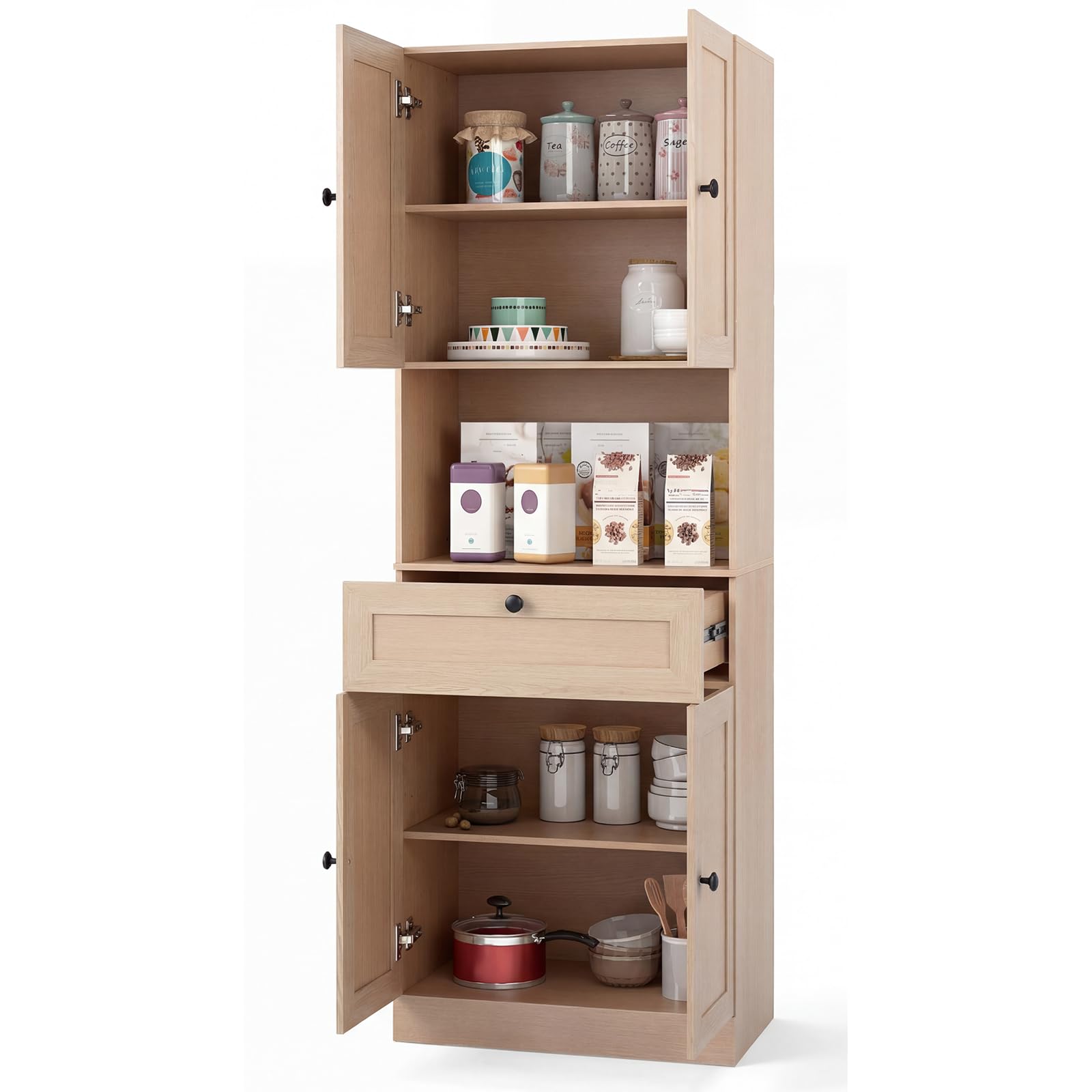 GiantexUK Tall Kitchen Cupboard, 171.5cm Freestanding Pantry Cabinet with 4 Doors, Adjustable Shelves & 1 Drawer, Wooden Storage Cabinet for Kitchen Dining Living Room (Natural) โ image 1
