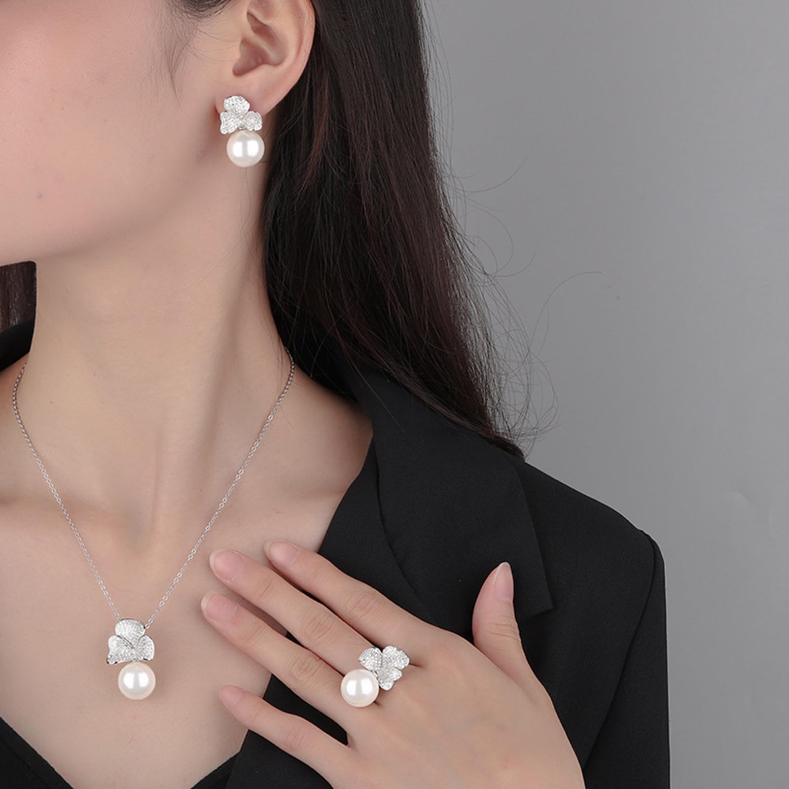 Set di gioielli da sposa in argento Sterling 925 con ciondolo a forma di trifoglio, collana con ciondolo a forma di fiore, orecchini con perle finte, 5 misure di anello (7), 7, metallo, senza pietre