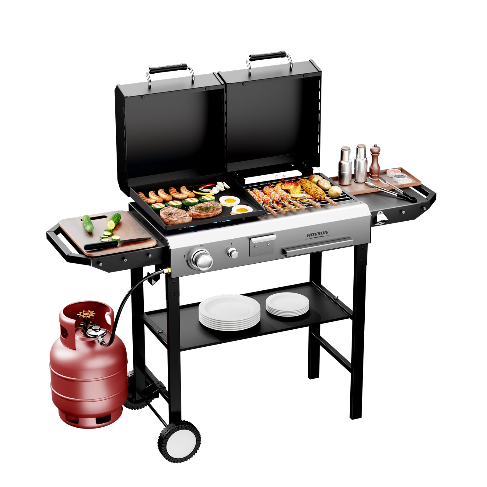 ROVSUN Parrilla de gas propano 2 en 1 y parrilla de carbón con tapa, parrilla plana de 12000 BTU y parrilla de barbacoa de carbón con encendido electrónico, plancha esmaltada y parrilla para cocinar