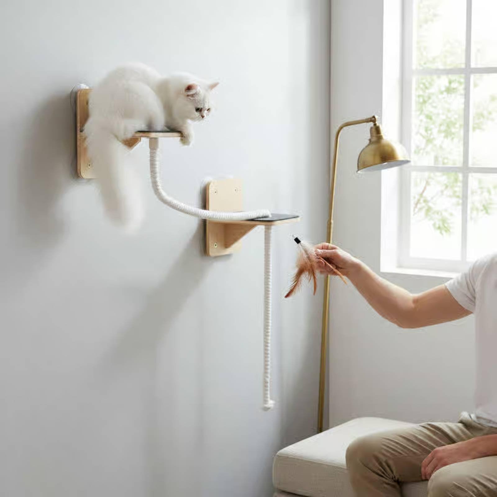 Lettino Pensile per Gatto Amaca da Finestra con Struttura a Due Livelli in Rete Traspirante Legno Robusto Soluzione Salvaspazio Adatto a Gatti Interno, Corda Di Sisal
