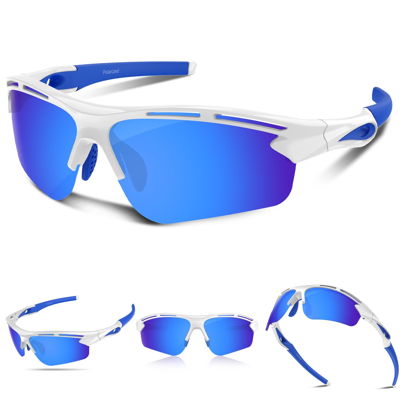 Polarized Sports Sunglasses for Men Women UV400 Protection for Running Cycling Fishing Hiking TR90, White Blue, One Size