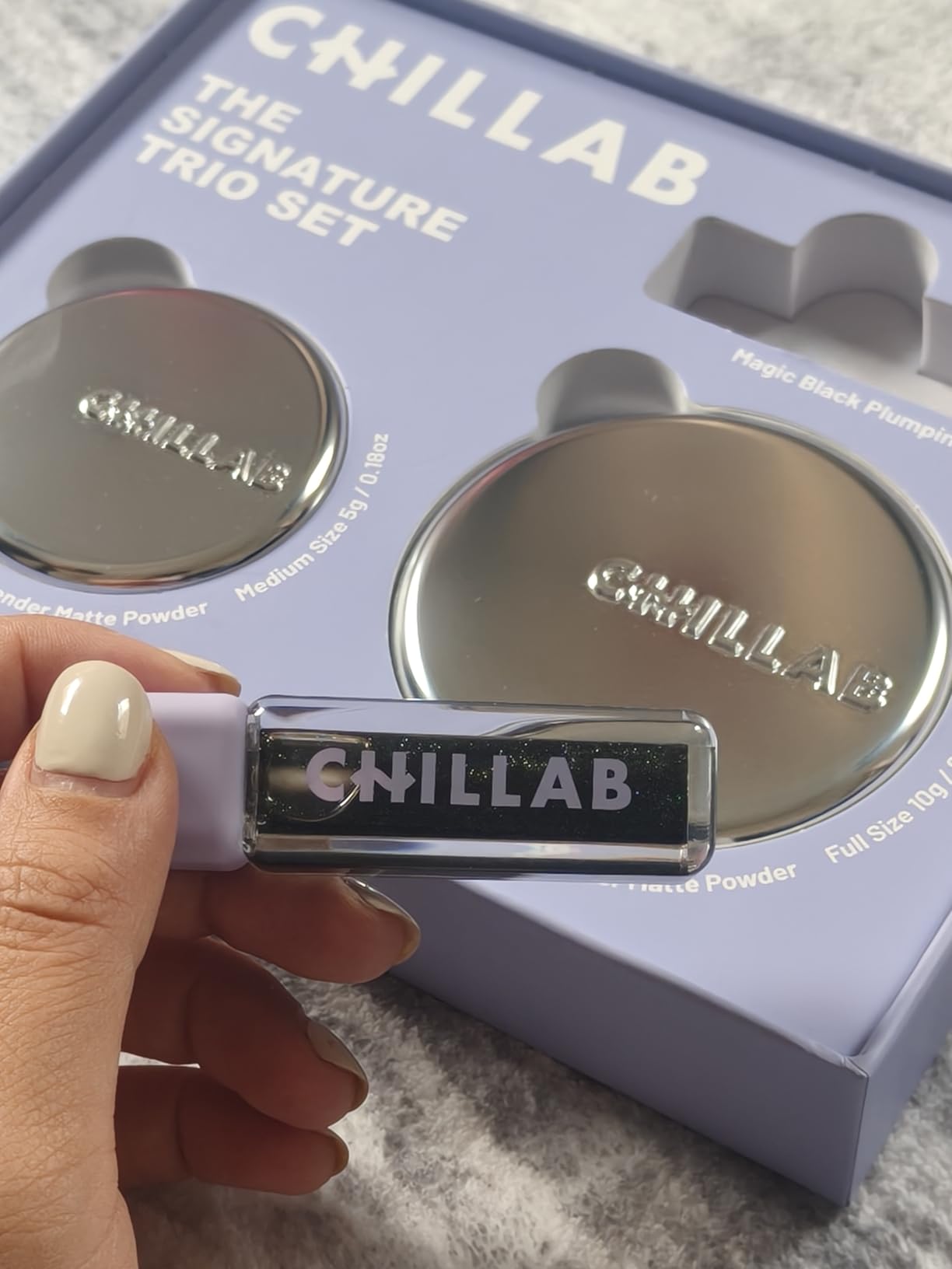 Chillab Signature Trio Set Limited Edition Gift Box with Lavender Matte Powder (10g New Packaging & 5g Travel Size Exclusive), Long-Lasting Oil Control, Non Powdery, Translucent, & Him