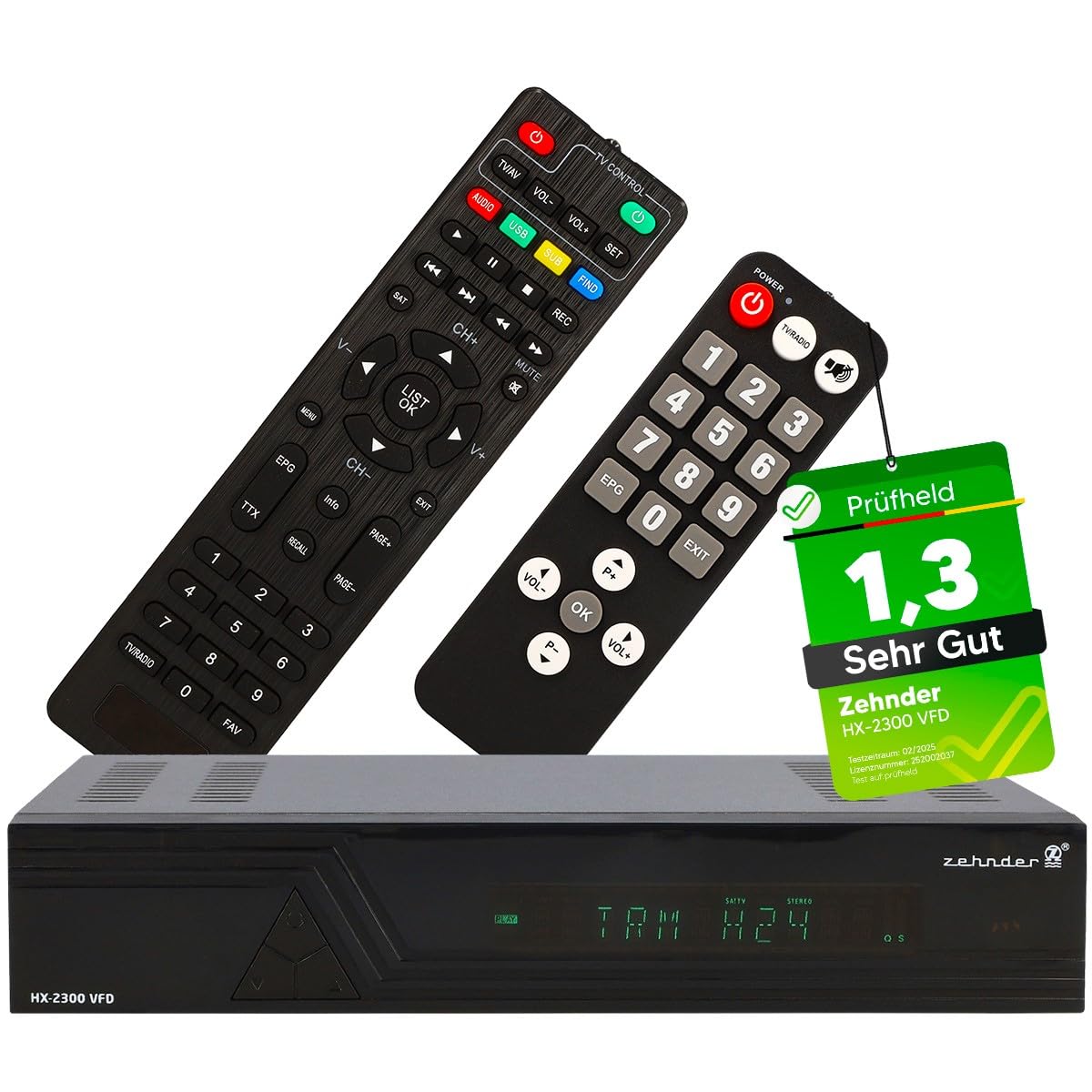 [ Test SEHR GUT, Note 1.3 *] Zehnder HX 2300 VFD Sat Receiver + Senioren Fernbedienung, mit Aufnahmefunktion, Full HD fähig, Digital Sat-Receiver für Satellitenschüssel Satelliten, HD-Receiver