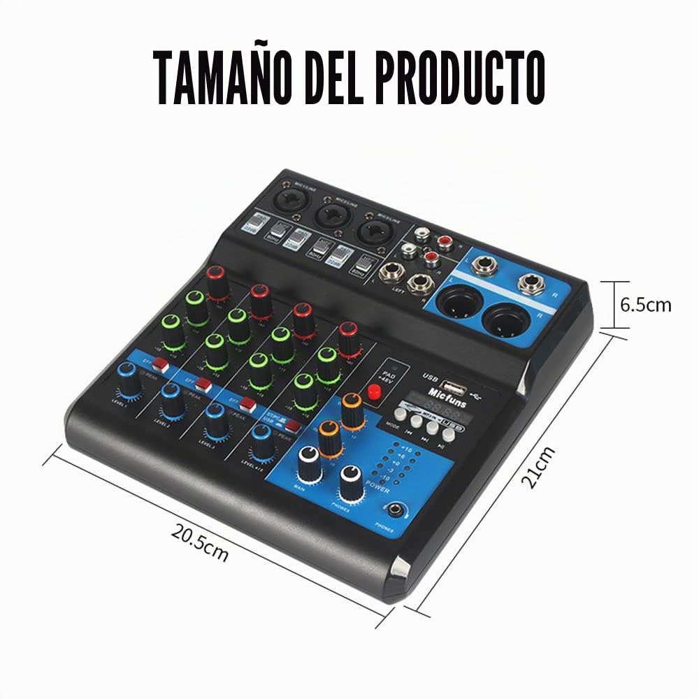 Minimezclador de audio para DJ - Consola de placa de sonido, sistema de 5 canales, alimentación fantasma de 48 V con Bluetooth, USB, MP3, estéreo para DJ en vivo, estudio, transmisión en streaming