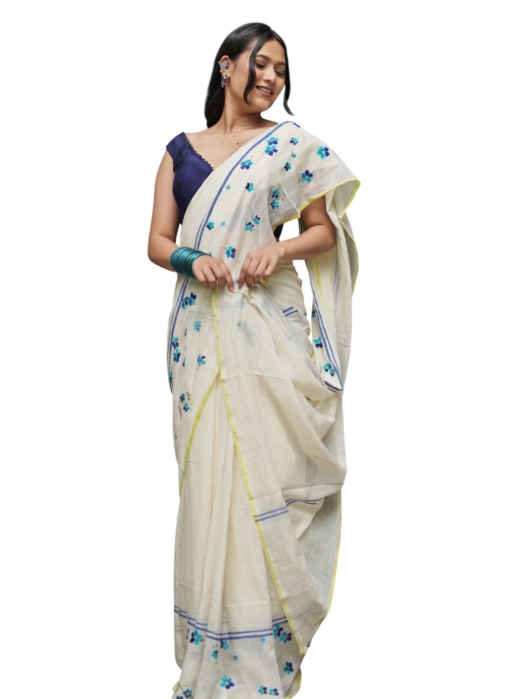 Wpmen's Linen Saree with Blouse Piece | Soft Lightweight Printed Cotton Linen Saree | Elegant Floral Design Casual & Party Saree (Off White & Blue)-picture-33