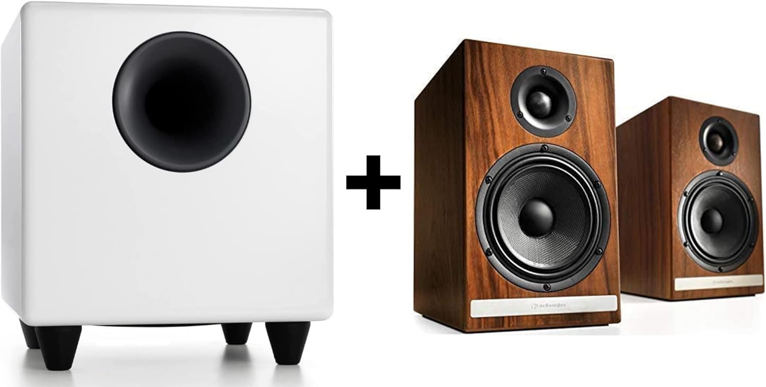 Audioengine HDP6 Walnut Passive Bookshelf Speakers Pair and S8 White Subwoofer with