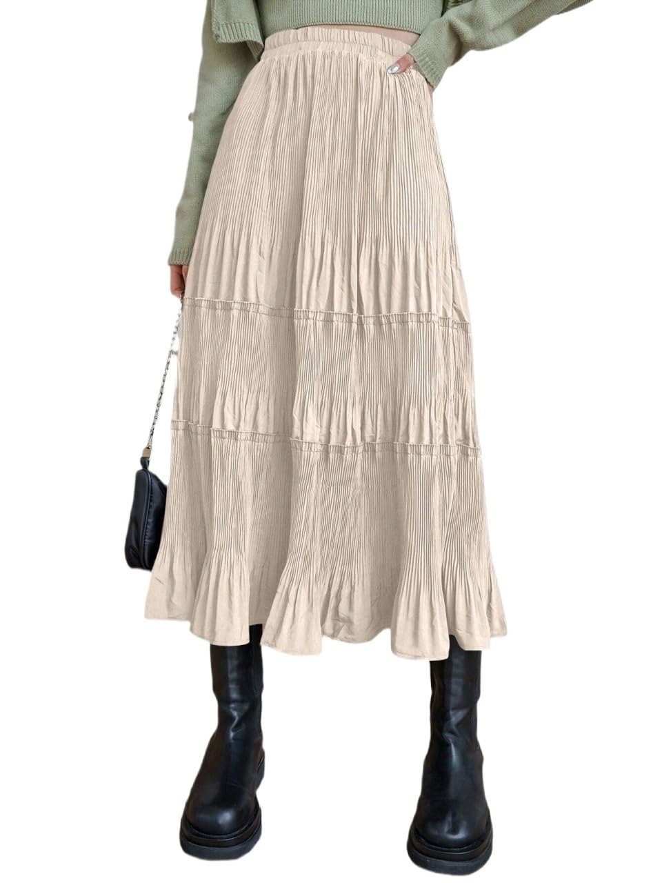 Solid Color Pleated Elegant Midi Skirt Ruffle Hem Womens Basic Versatile Trendy Skirt