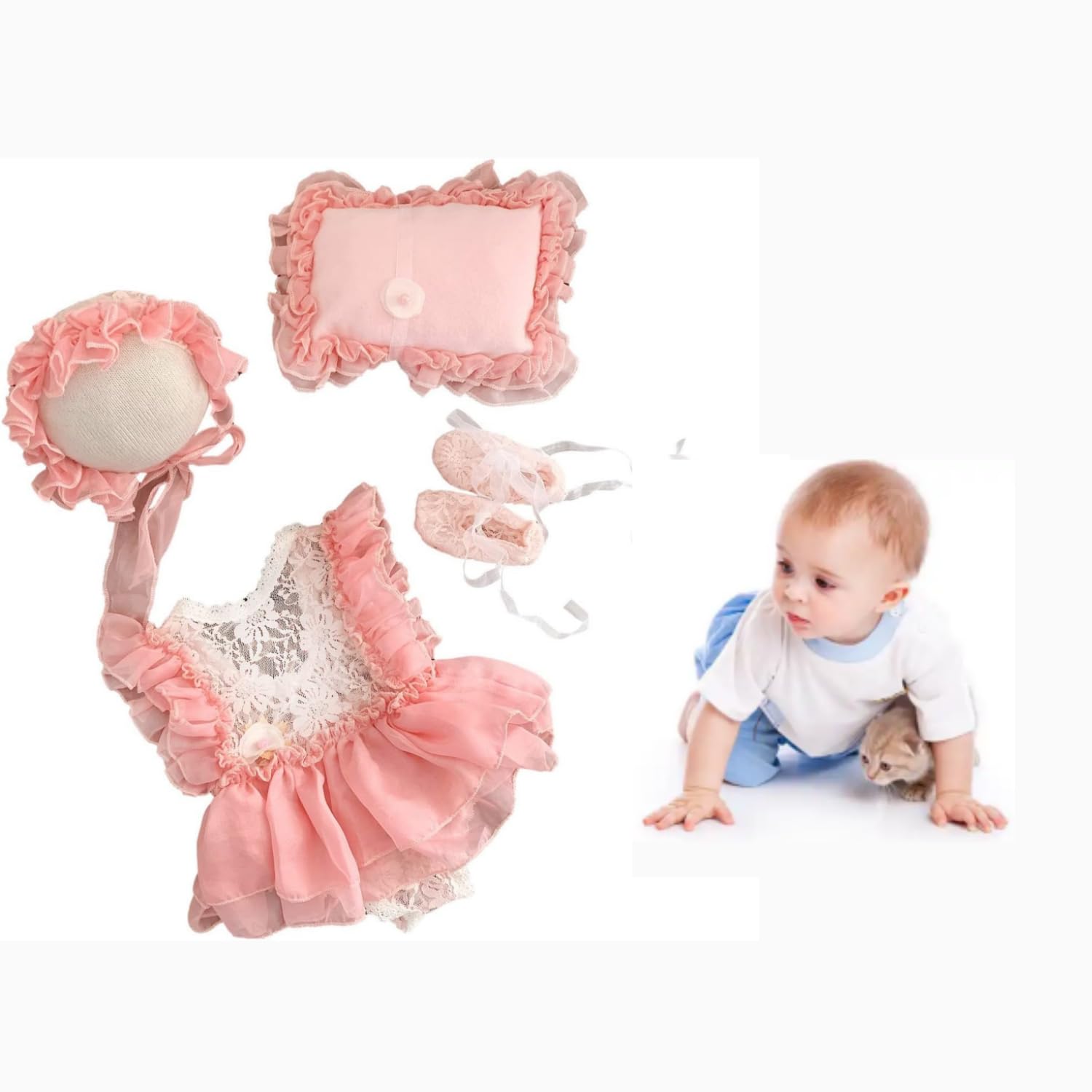 Buithafu Baby Girl Outfits Photography Prop Clothes Romper Hat Pillow Shoes Set Baby for Newborn 0-1 Month
