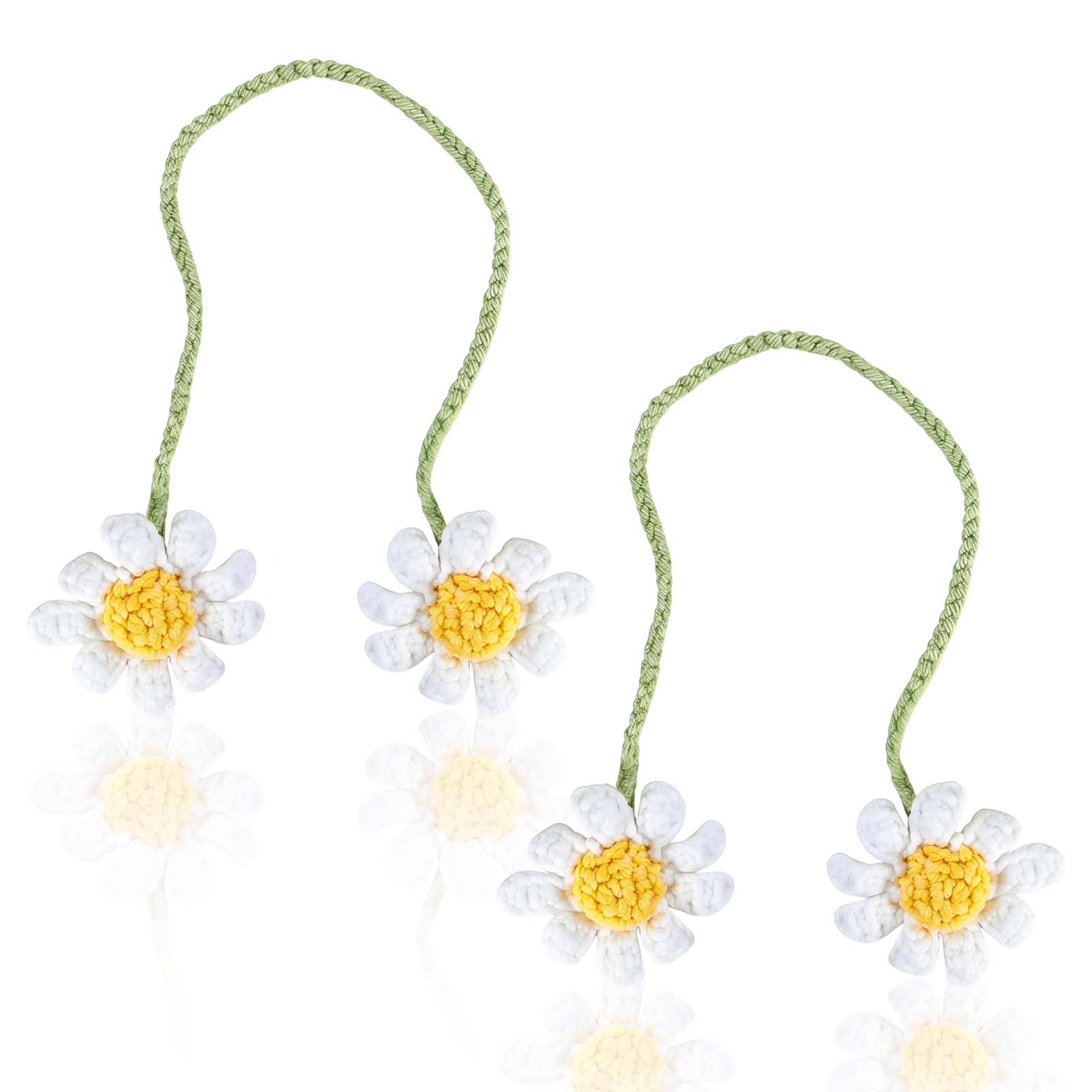 Crochet Daisy Car Mirror Hanging Accessories for Women Girls, Cute Handmade Knitted Flower Rear View Mirror Decor, Aesthetic Automotive Interior Ornament