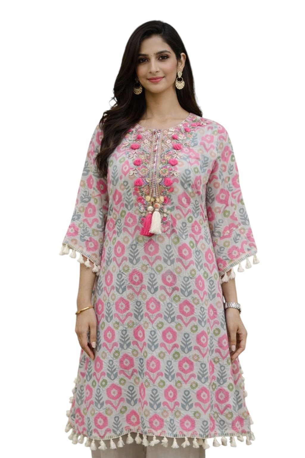 Women's Kaftan Kurta, Floral Print, 3/4 Sleeve with Tassel Detail, Rayon-picture-29