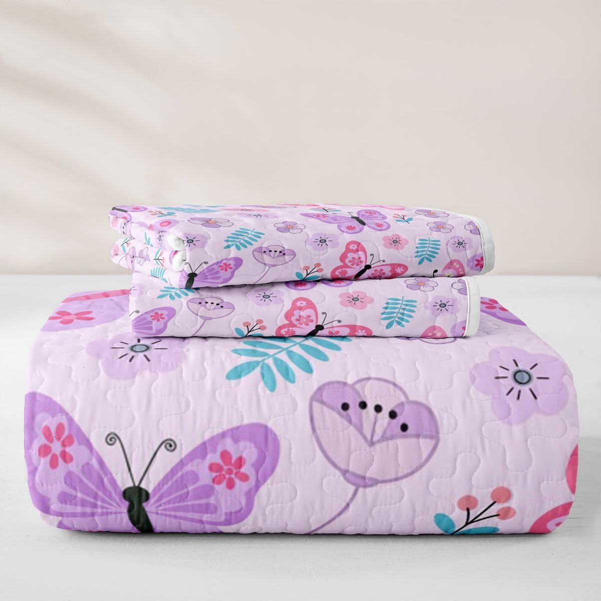 Erosebridal Kids Butterfly Quilt Twin Cute Floral Butterfly Quilt Set Colorful Animal Botanical Flowers Coverlet Kawaii Purple Plants Butterflies Quilted Bedspread with 1 Pillowcase