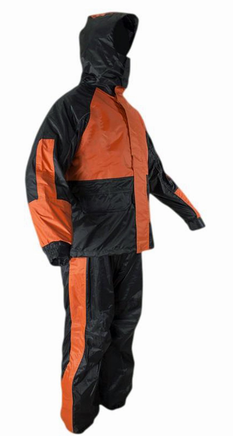 CD D C Mens 2 Piece Orange & Black Biker Motorcycle Hooded Rain Suit Medium