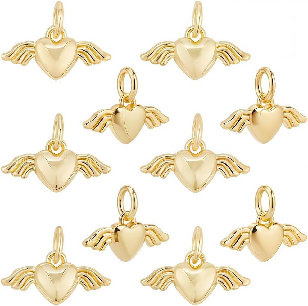 Beebeecraft 10Pcs Heart with Wings Charms, 18K Gold Plated Brass Dangle 3D Love Flying Cupid Charms for Valentine Jewelry Making DIY Crafts Bracelet Necklace