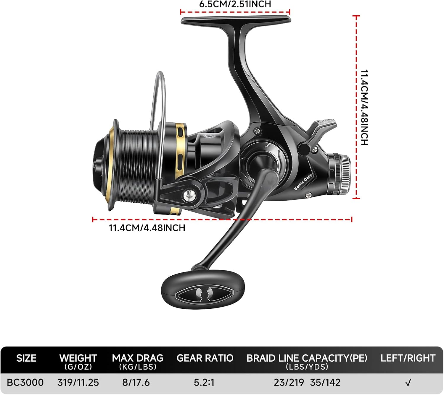 HAUT TON Battle Carp Fishing Reel, 4+1 BB Carbon Fiber Drag Spinning Reels for Saltwater Freshwater Fishing, 26.5 Lbs Powerful Max Drag Baitfeeder Fishing Reels