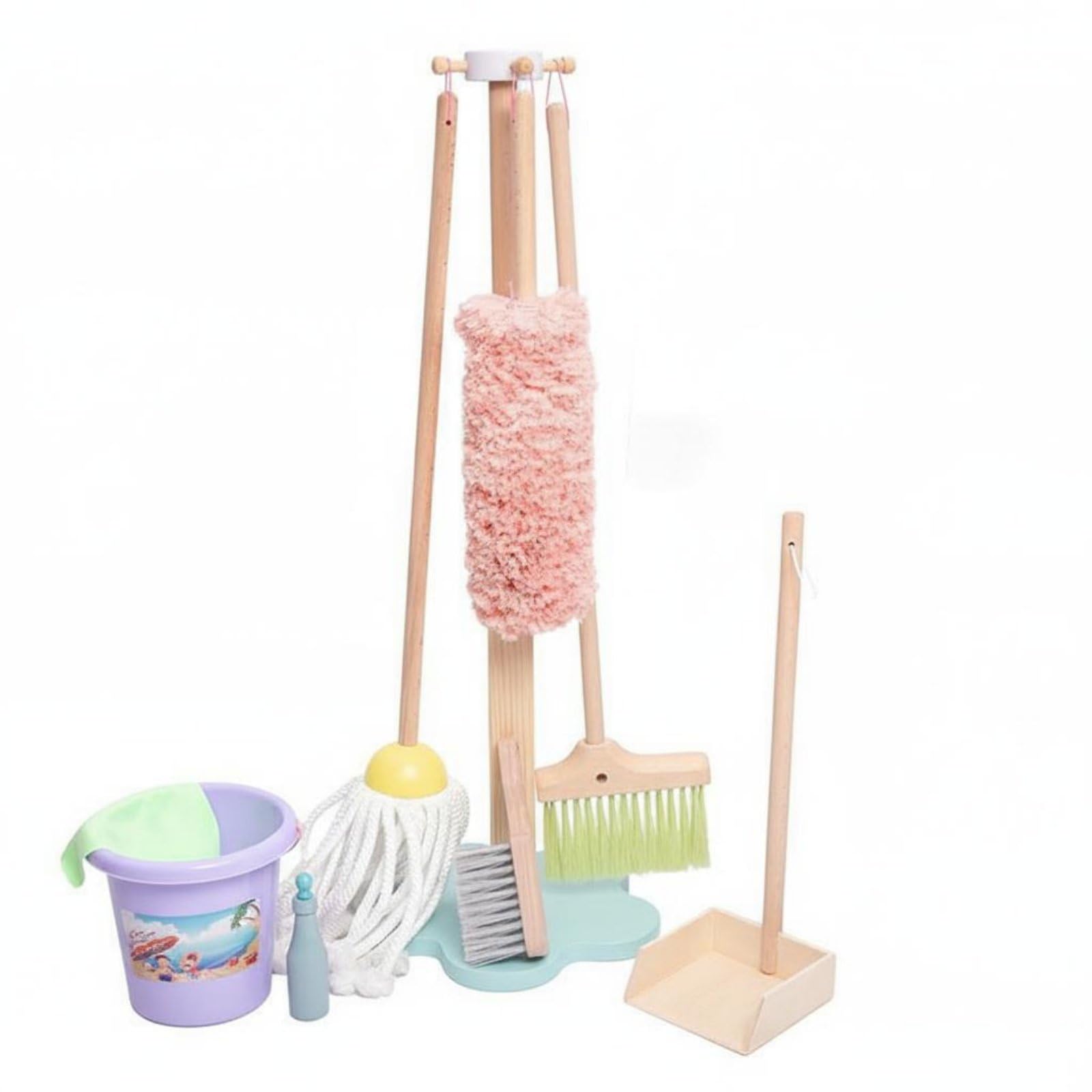 Carrello Pulizia Bambini con Scopa Paletta Spazzola Set Giocattolo in Legno Perfetto per Gioco Educativo Sviluppo Abilità Coordinazione Adatto a Casa Asilo Regalo Bambini