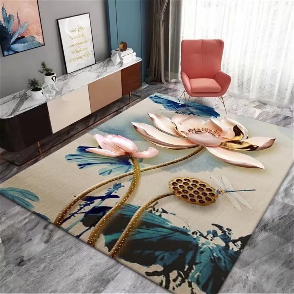 Tapis de chambre fille doux 200x300 lavable à motif lotus 3D rose