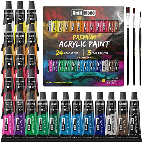 Craft Mode Acrylic paint set 24 12ml Perfect for Canvas Wood Ceramic Rock Fabric & Crafts. Non-Toxic Quick Dry Vibrant Colours. Beginners Students and professionals