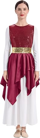 AFAVOM Sequin Praise Dance Overlays Tunics for Women Liturgical Worship Praise Dance Dress Costume with Belt No White Dress