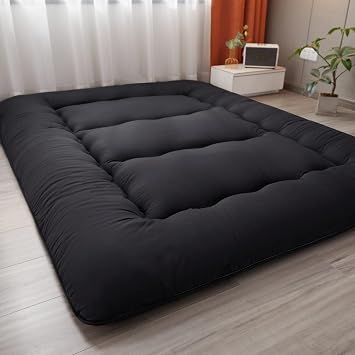 Japanese Floor Mattress Futon Mattress, Thicken Tatami Mat Sleeping Pad Foldable Roll Up Mattress Boys Girls Dormitory Mattress Pad Kids Floor with Washable Cover, Black Queen