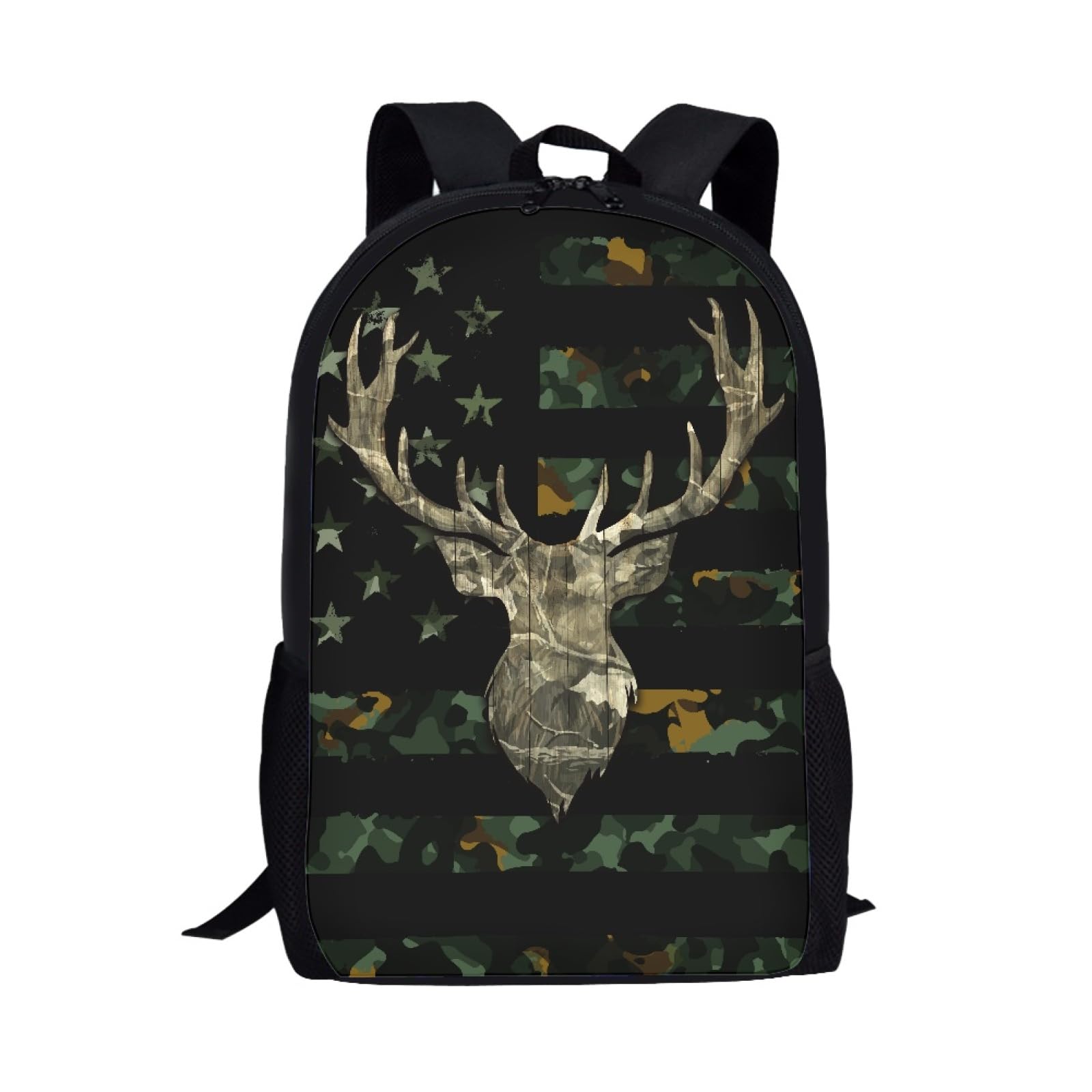 Mumeson Cool Deer and America Flag Print Kids Backpack Schoolbag Soft Cushion Shoulder Straps Rucksack Daypack Durable Zipper Closure Bookbag for Boys