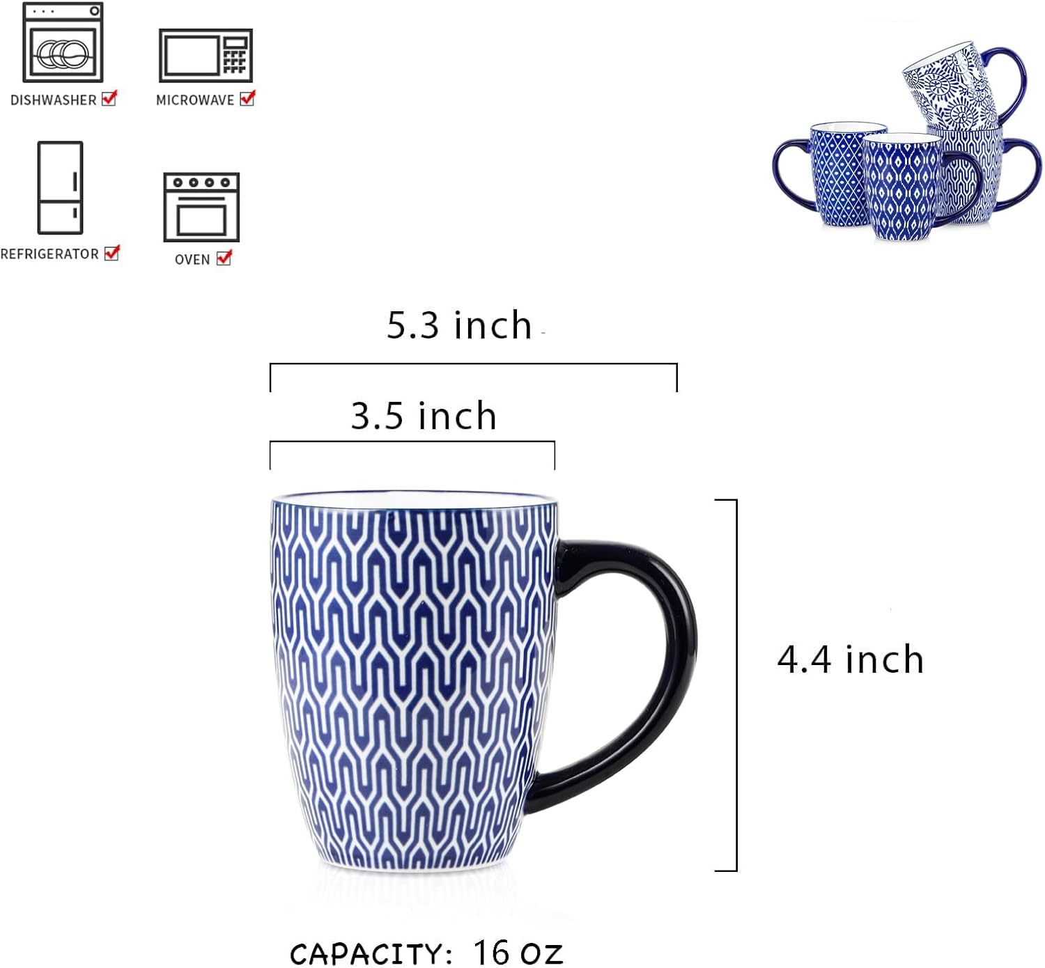 Selamica Ceramic Coffee Mugs Set of 4, 16 OZ Coffee Mug with Handle, Large Coffee Cups for Cappuccino, Tea, Mocha, Cocoa, Dishwasher Microwave Safe, Vintage Blue - Image 3