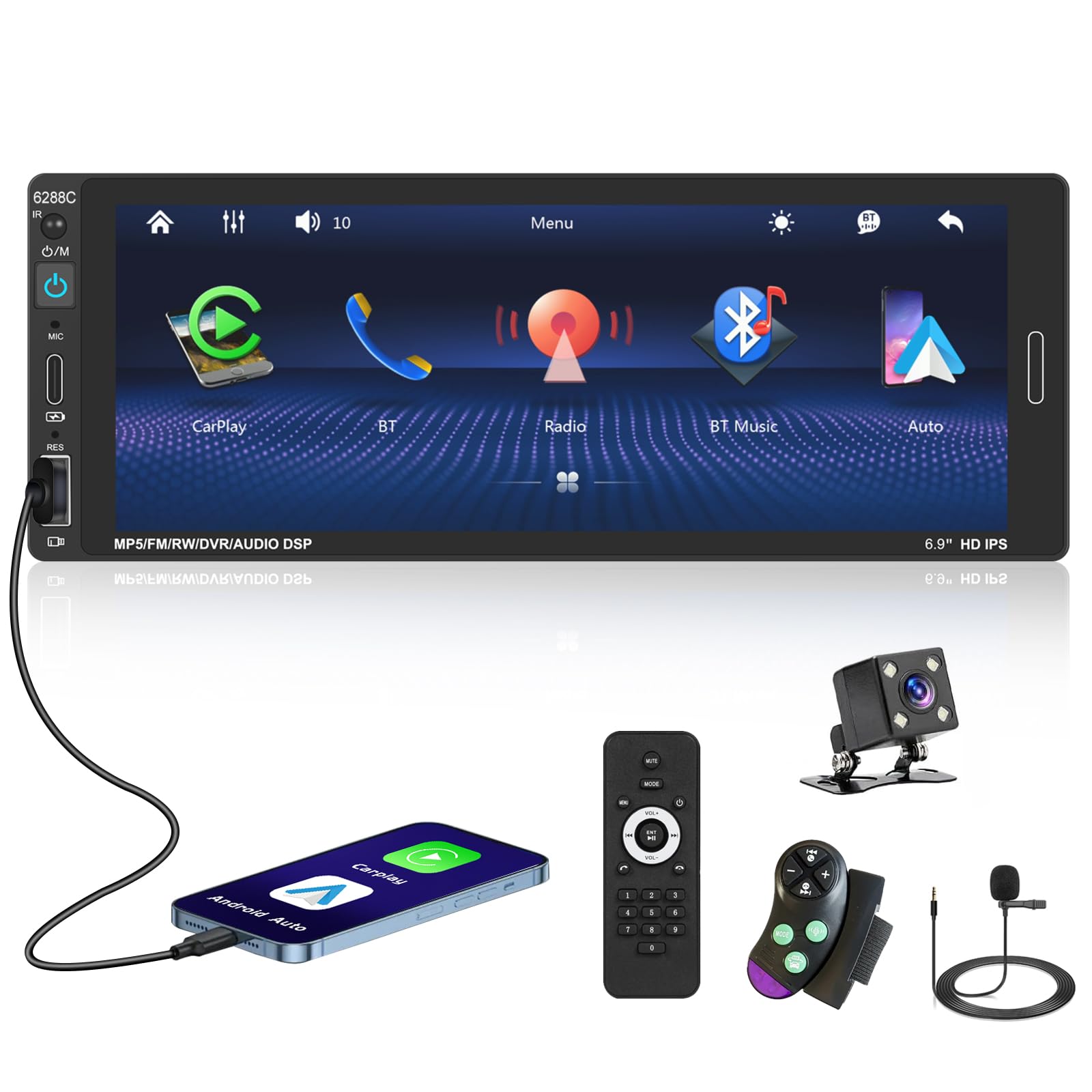 Hikity Autoradio Carplay 1 DIN Écran Tactile 6,9" Android Auto Bluetooth Caméra Recul
