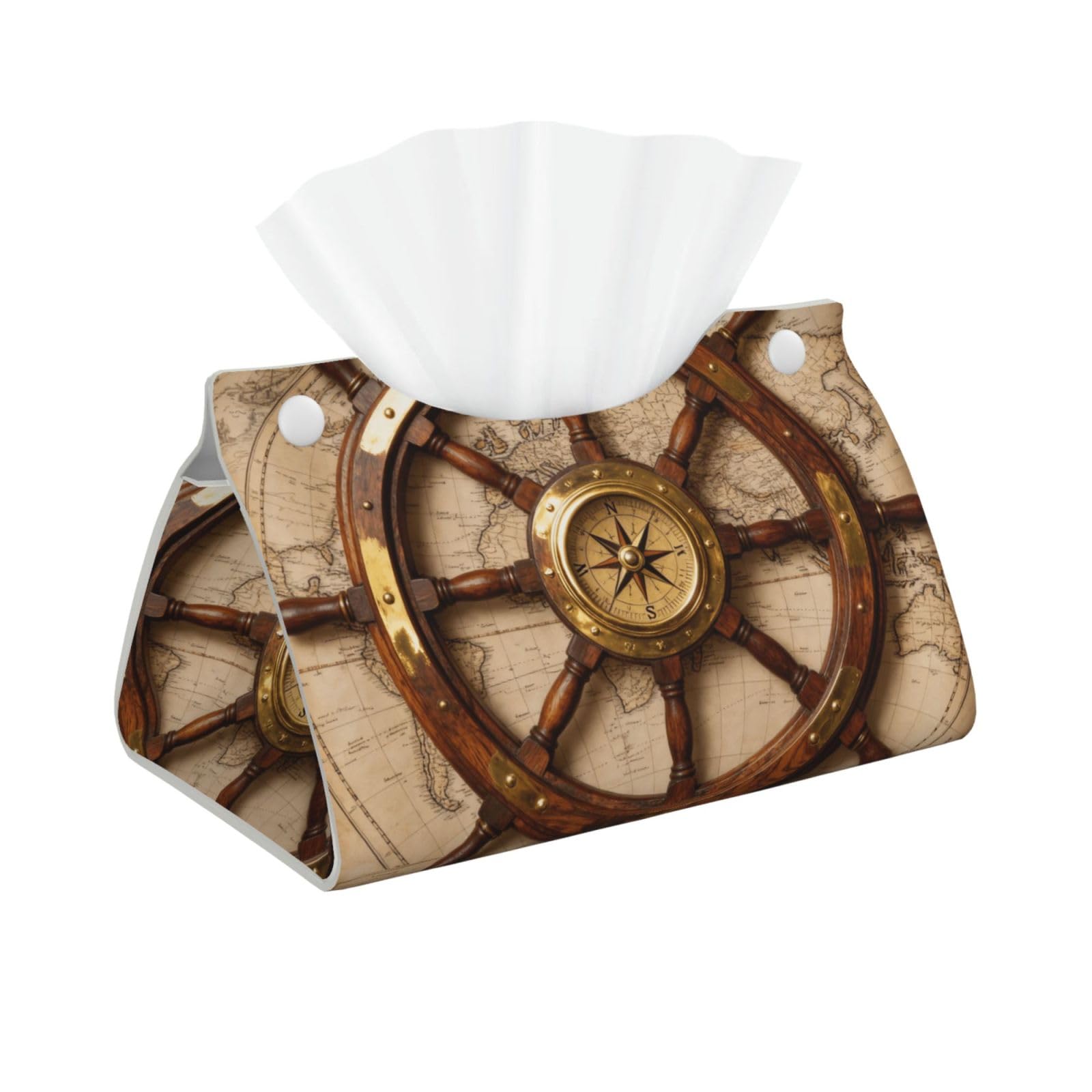 Ship Wheel Compass Long Leather Tissue Box Cover-Waterproof PU Leather Tissue Holder for Bathroom, Decorative Rectangular Tissue Case