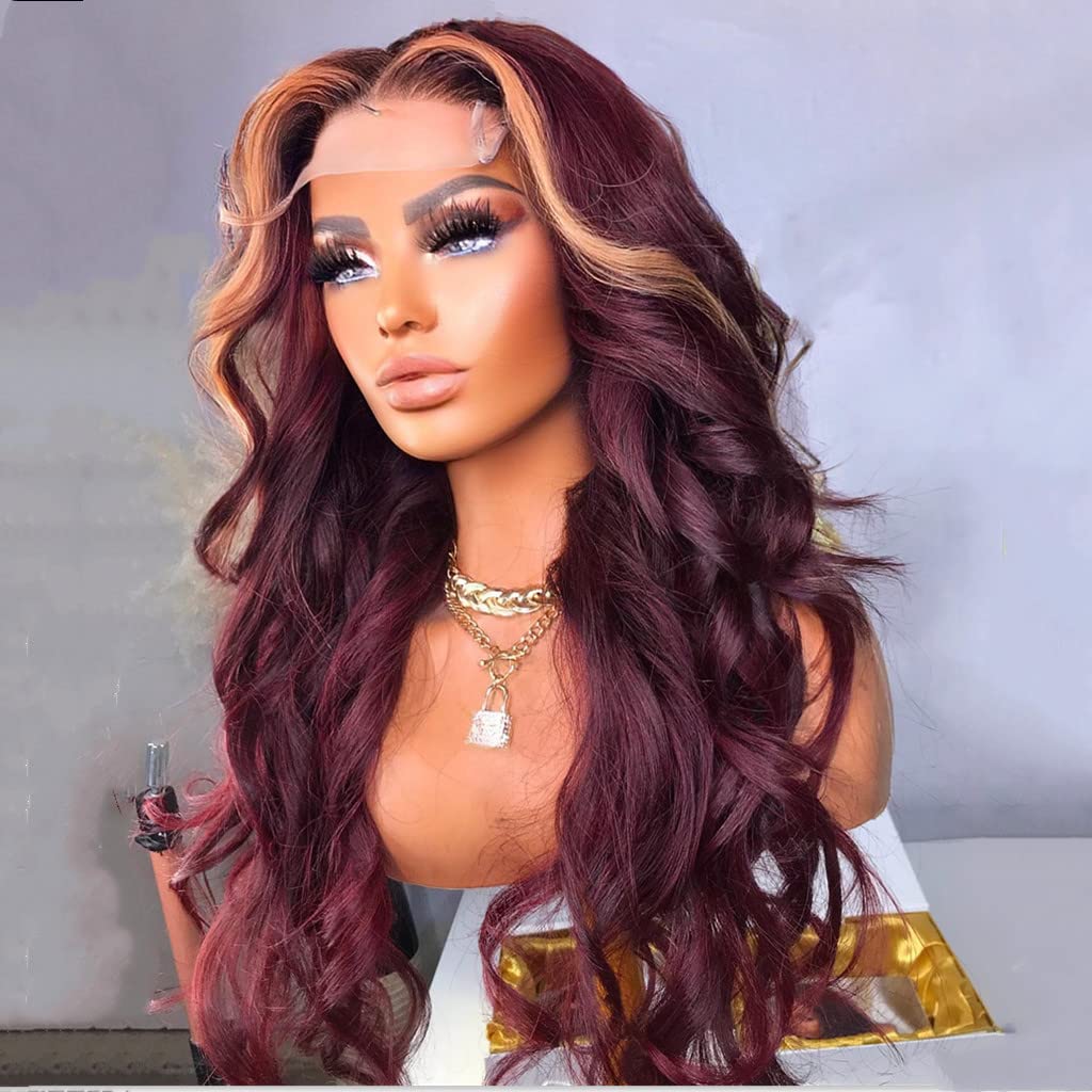 Burgundy 99J Lace Front Wigs Human Hair Highlight 5x5 Lace Closure Human Hair Wig Honey Blonde Colored Skunk Stripe for Black Women (20 Inch, Skunk Stripe #27/99J)
