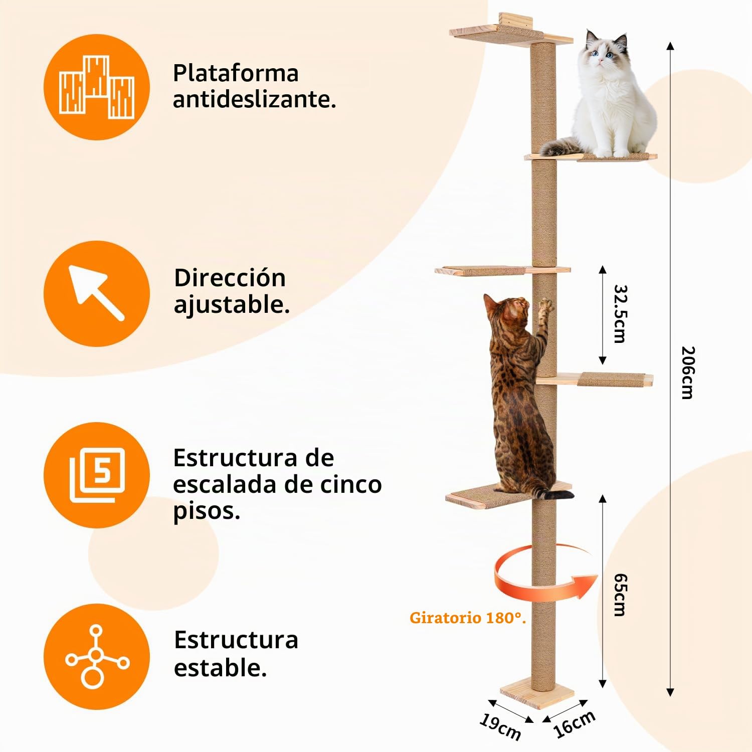 Rascador Grande de 205 cm, Pared de Escalar para Gatos, Ajustable en Altura, Torre para Gatos de 5 Niveles, árbol de Gatos montado en la Pared para Que los Gatos escalen y rasquen