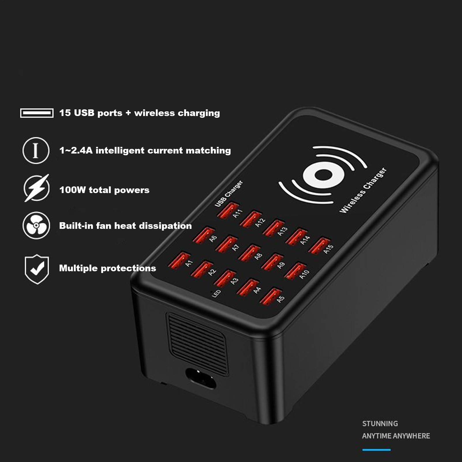 Stazione di Ricarica USB Adattatore 100W | Stazioni di Ricarica per Cellulari Hub Caricatore USB per Ufficio Scrivania Dormitorio Elettronica Computer Portatili Tablet