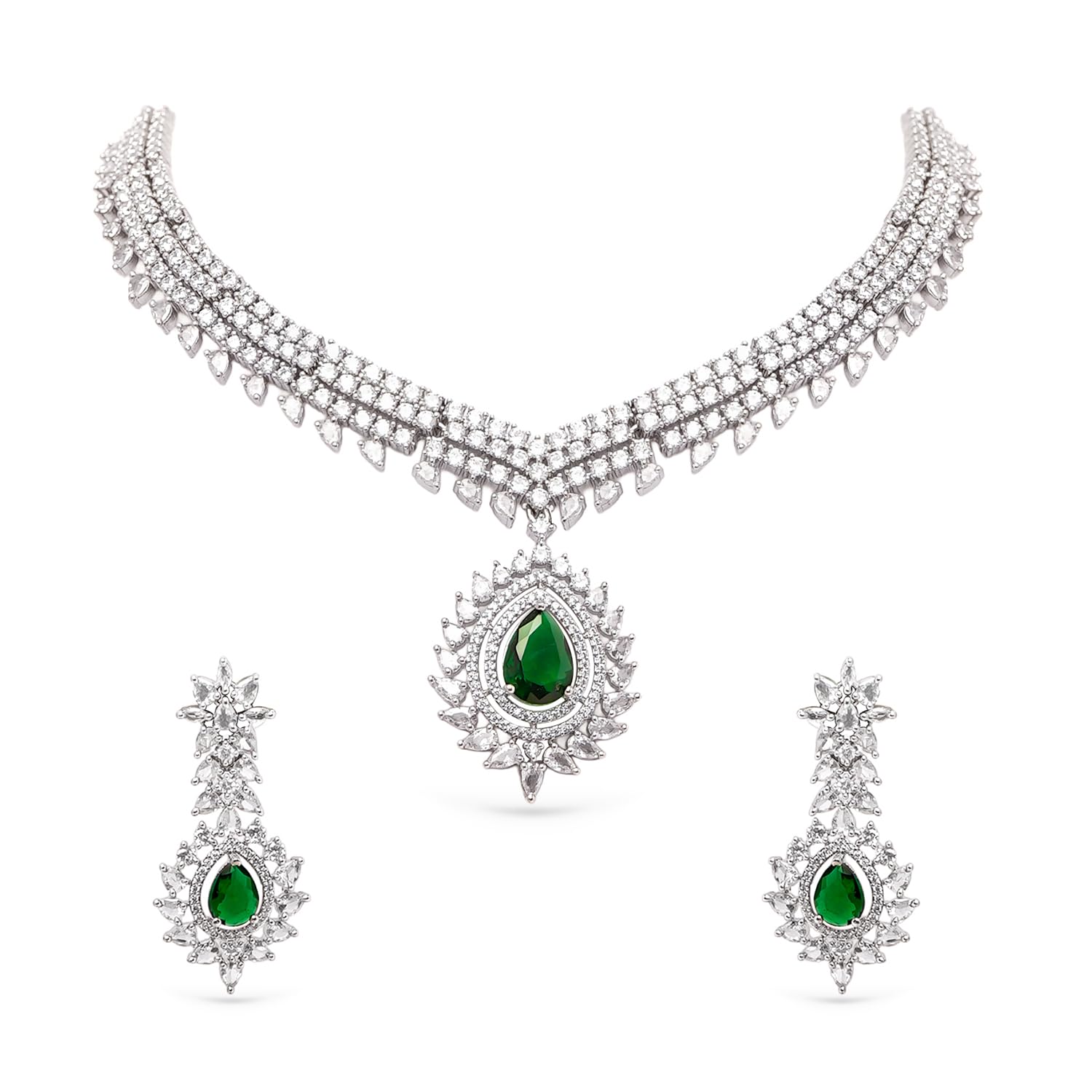 Emerald Green Designer Necklace Set | Cubic Zirconia Statement Wedding Jewellery Gift for Women & Girls-image-23