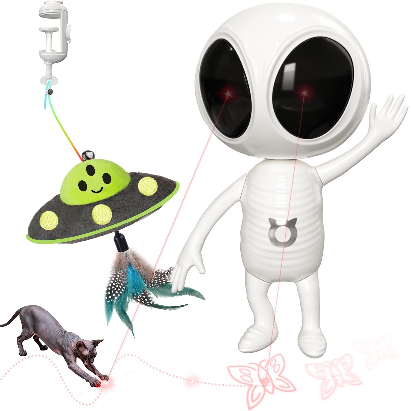 GoldenSun Jouet interactif 2 en 1 automatique avec double projection et pendentif OVNI pour chat d'appartement, activé par le mouvement, rechargeable, 4 modes de jeu, fixation par pince, blanc