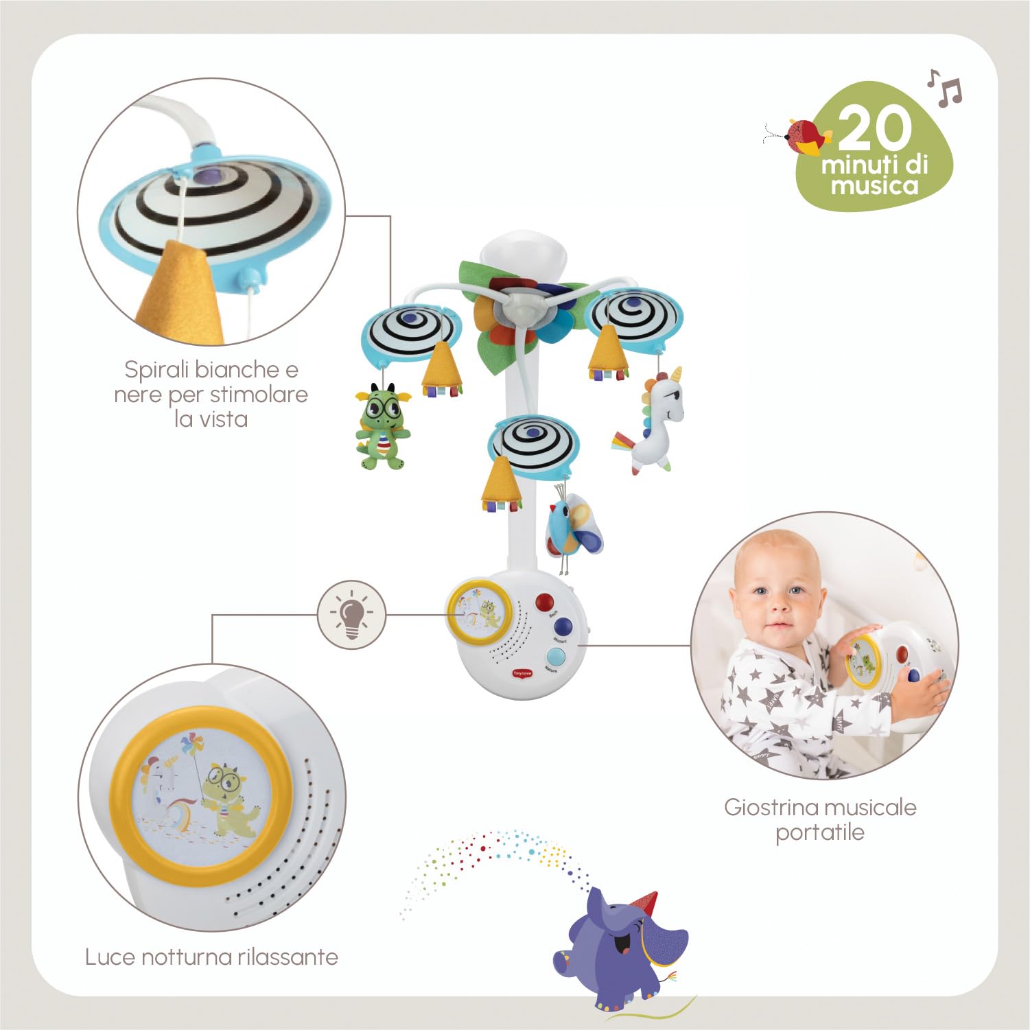 Tiny Love Classic Mobile, 2 in 1 Giostrina Culla Neonato, 0+ Mesi, Giostrina Neonato, Stimolazione visiva, Accompagna il Bambino Nella Crescita, 20 minuti di Musica Ininterrotti, Born To Party