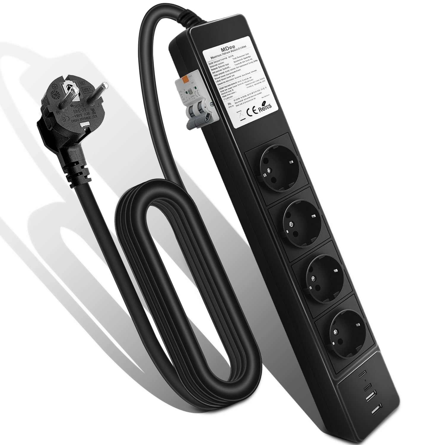 MDee Ciabatta con USB e interruttore differenziale (RCD), 4 prese multiple con salvavita, prolunga cavo 3 m, 3680 W / 16 A, protezione da sovratensioni, ciabatta da parete, per laptop, ufficio