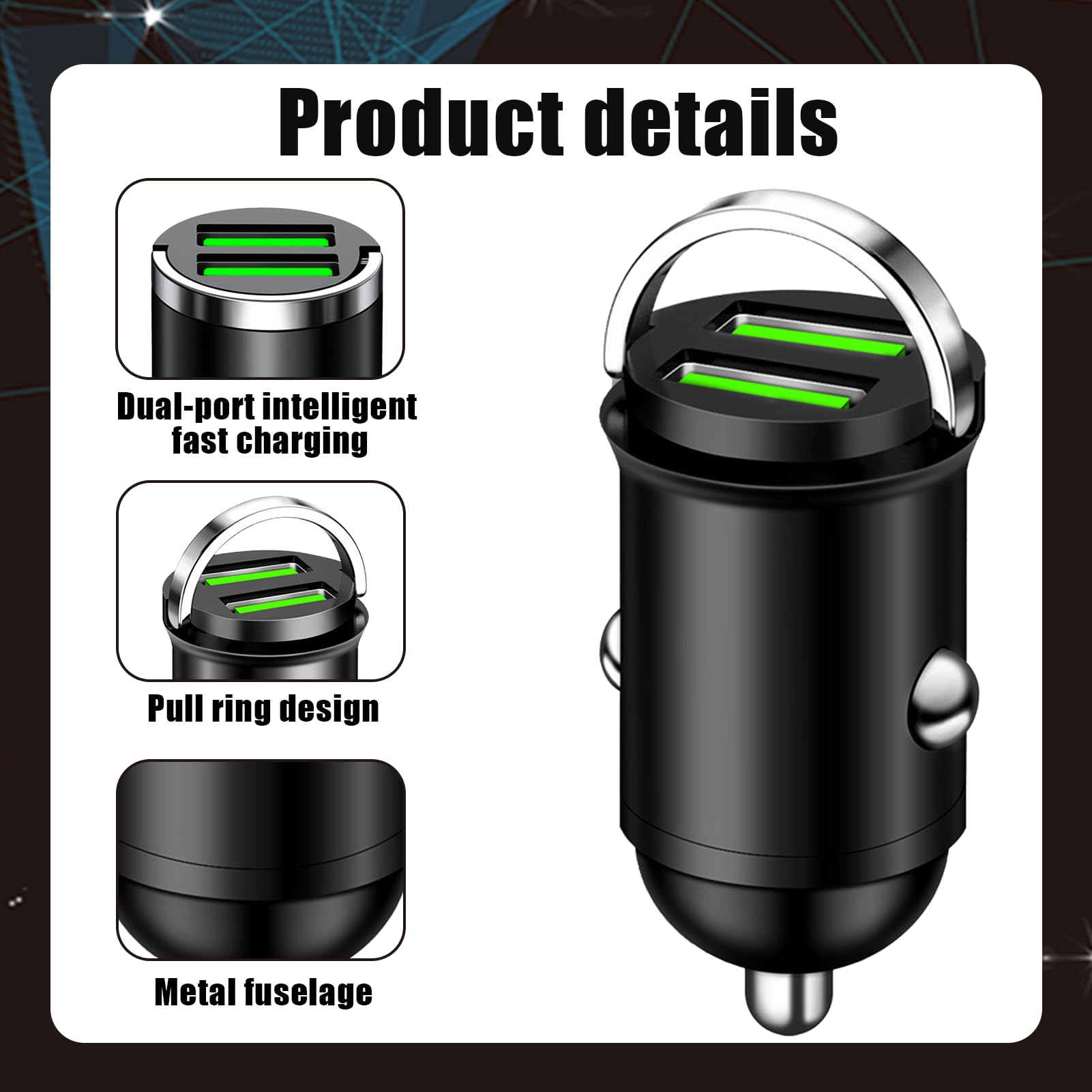 Adattatore Accendisigari USB 100W, Caricatore Auto con Doppia Porta QC3.0, per iPhone, Samsung, Xiaomi, Android (Leghe di Alluminio, 42x23mm)