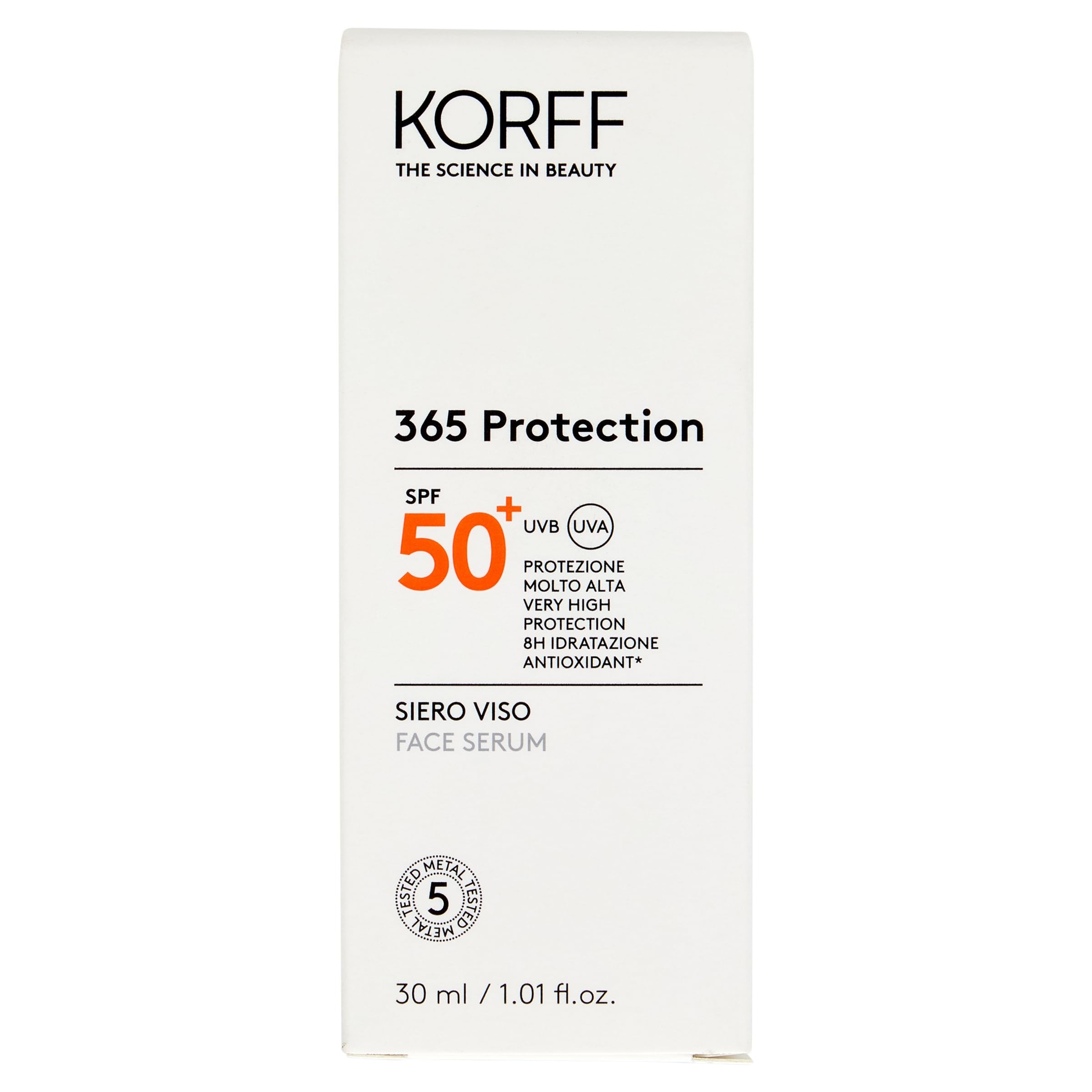 Korff 365 Protection Serum do twarzy SPF 50+, bardzo wysoka ochrona przed słońcem, nawilżanie 8h, płynna tekstura, odpowiednia dla wszystkich rodzajów skóry, opakowanie 30 ml