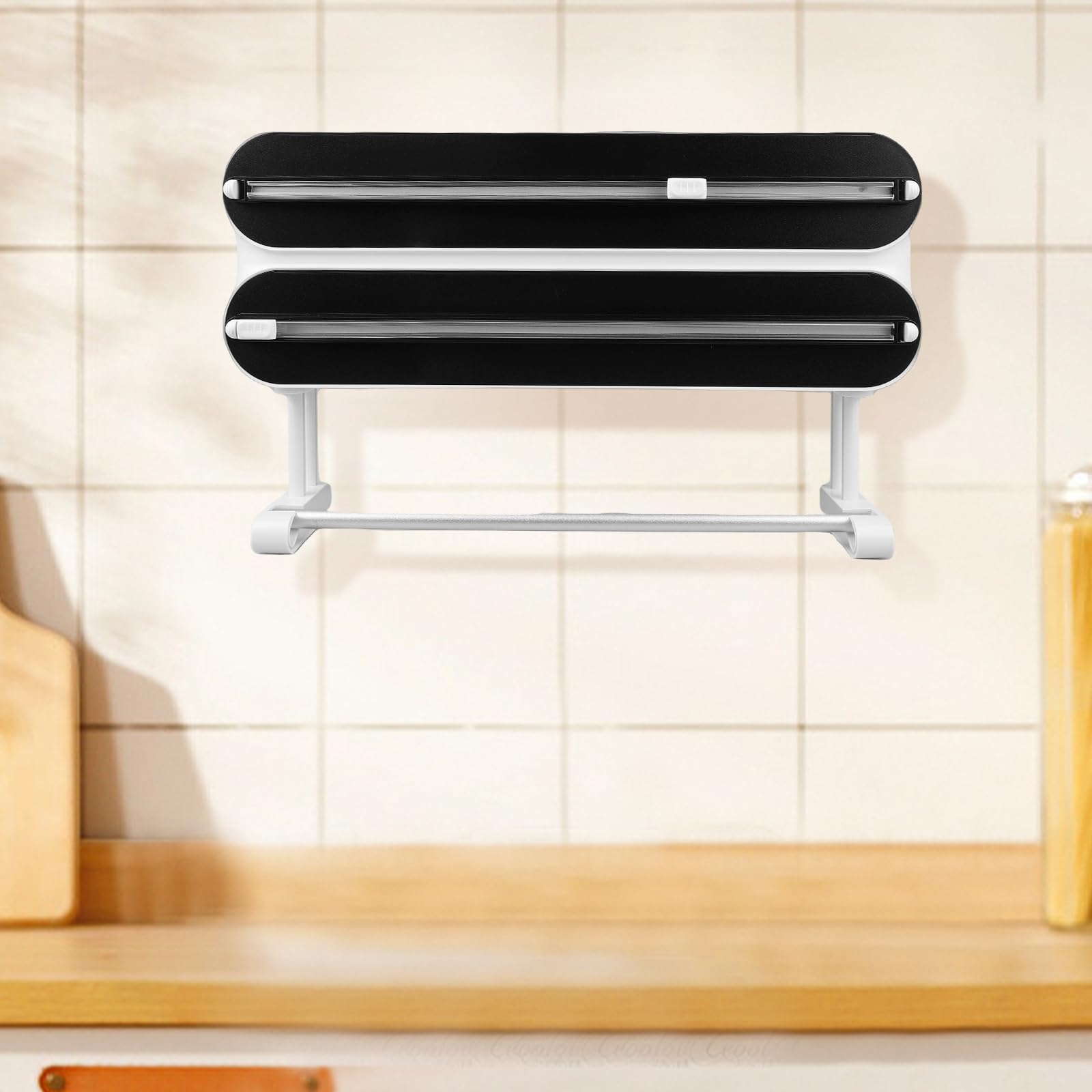 Distributeur De Film Alimentaire 3 En 1, Magnétique, Avec Cutter, Dérouleur Et Distributeur, Porte-rouleau Mural, Coupe-film, Porte-rouleau D'essuie-tout Sans Perçage, Noir