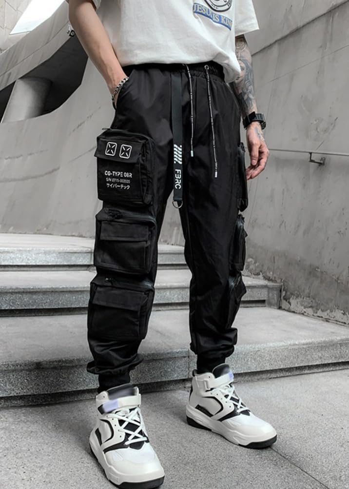 ORANDESIGNE Pantaloni Cargo da Uomo Multitasche Jogger Streetwear con Coulisse Hip Hop Pantaloni da Jogging Casual Teachwear Pantaloni Tattico Nero Urbano Outdoor