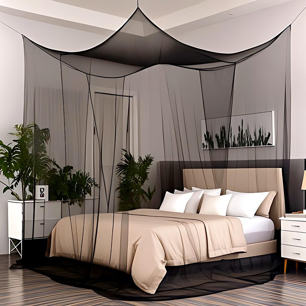 Bed Canopy, Black Canopy Bed Curtains for Twin Full Queen Size, Square Mosquito Net for Bedroom Patio Indoor Outdoor, Gothic Halloween Decoration
